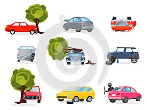 Flat vector icons of broken vehicles after road accidents. Car with punctured tire. Robber in black mask broke window in