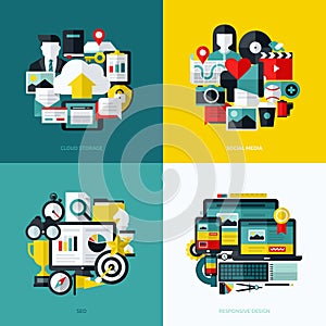 Flat vector icons set of cloud storage, social media, SEO