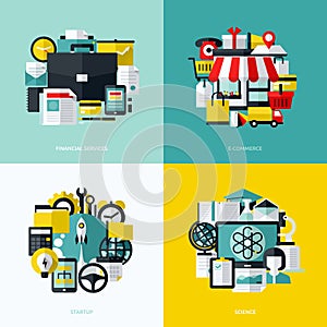 Flat vector icons set of financial services, e-commerce, startup