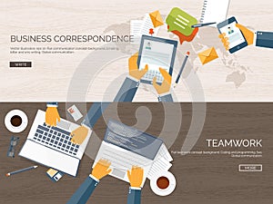 Flat vector illustration backgrounds set. Business correspondence communication. Teamwork. Smart solutions. Coding
