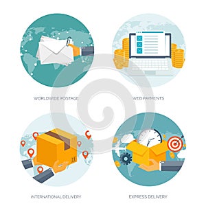 Flat vector illustration backgrounds set. International delivery, worldwide postage. Emailing online shopping. Envelope