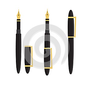 Flat vector illustration of black and gold fountain ink calligraphy pen Isolated on white background.