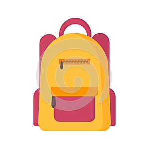 Flat vector illustration of bright yellow, orange and red school backpack. Back to school concept. Isolated on white