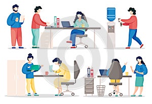 Flat vector illustration of busy people in the office, colleagues communicating during the work