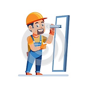 Cartoon builder character plastering a wall with a tool