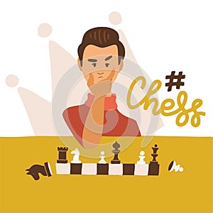 Flat vector illustration of cartoon funny chessplayer play chess. Front view character with lettering. Man player