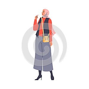 Flat vector illustration of a character wearing trousers and hijab.