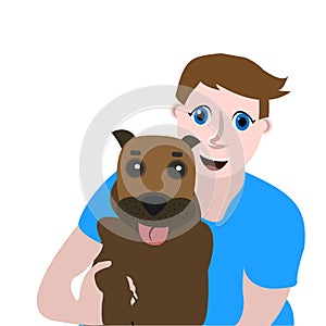 Flat vector illustration, cheerful portrait of a guy with a dog.