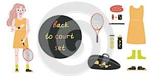 Flat vector illustration in childish style. Hand drawn tennis player, gear and equipment.