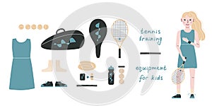 Flat vector illustration in childish style. Hand drawn tennis player, gear and equipment.