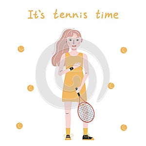 Flat vector illustration in childish style. Hand drawn tennis player. Its tennis time