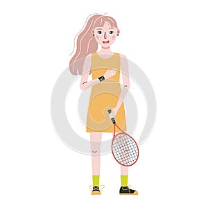 Flat vector illustration in childish style. Hand drawn tennis player. Kids training