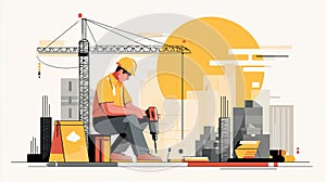 flat vector illustration of a construction site with an construction worker operating a jackhammer.