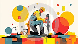 flat vector illustration of a construction site with an construction worker operating a jackhammer.