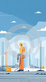 flat vector illustration of a construction site with an construction worker operating a jackhammer.
