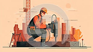 flat vector illustration of a construction site with an construction worker operating a jackhammer