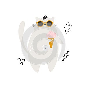 Flat vector illustration of a cool cat in sunglasses with ice cream