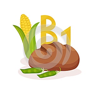 Flat vector illustration of corn, green peas and rye bread. Products with vitamin B1 thiamin . Nutrition and diet theme