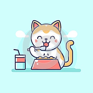 Flat vector illustration of a cute cat eating food