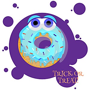 Flat vector illustration of cute halloween doughnut. Monster donut with big eyes isolated on background. Happy halloween