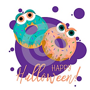 Flat vector illustration of cute halloween doughnut. Monsters donuts with big eyes isolated on background. Happy