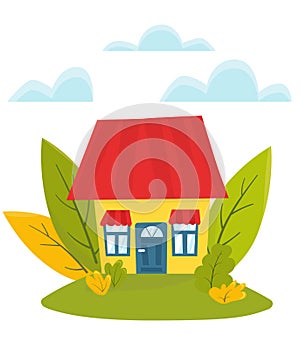 Flat vector illustration, cute house with big green leaves. Eco