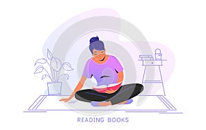 Flat vector illustration of cute smiling woman sitting alone on the floor and reading a book at home