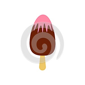 Flat vector illustration of dark chocolate popsicle ice cream bar with strawberry or raspberry syrup on a stick in