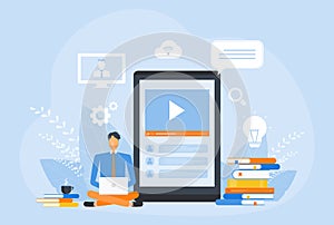 flat vector illustration design people Use technology for online education and E-learning at home