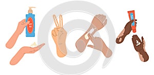 Flat vector illustration with different hands applying SPF cream and tubes on white background.