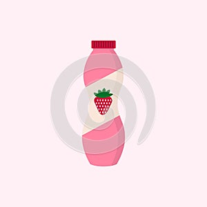Flat vector illustration of drinkable strawberry yogurt in plastic pink bottle with red cap