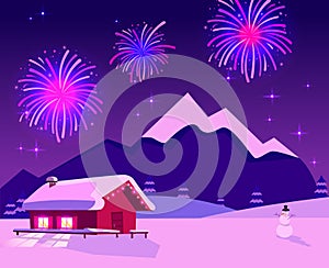 Flat vector illustration of fireworks over mountain landscape with one-story country house with lighting windows. Purple-pink