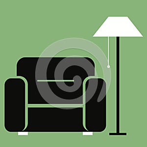 Flat vector illustration. Furniture icon. Comfortable chair with a floor lamp.