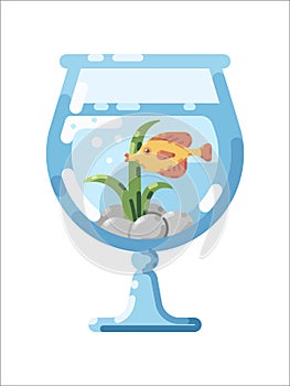 Flat vector illustration of glass aquarium with tropical fish. Fish tank flat icon. Thorichthys fish in aquarium with