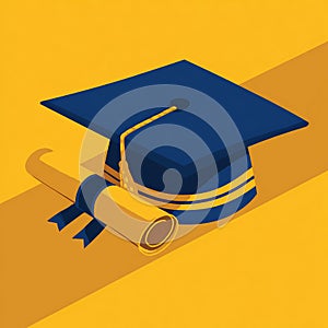 Flat vector illustration of a graduation cap and diploma scroll on a yellow background.