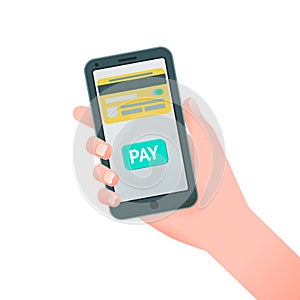 Flat vector illustration of hand holding smartphone with credit card on phone screen. Isolated background