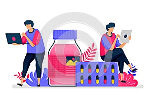 Flat vector illustration of health services. Liquid medicine, pill and drug provider for drugstores. Design for healthcare. Can be photo