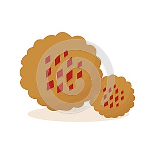 Flat vector illustration of home baked cookie with red jam. Sweet Christmas biscuit pastry.