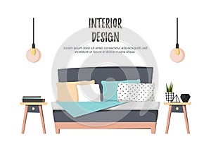 Flat vector illustration - Home interior. Cozy bedroom with bed, pillows, curbstone and paintings. Stylish apartments in retro st