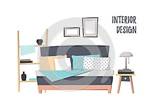 Flat vector illustration - Home interior. Cozy bedroom with bed, pillows, curbstone, stairs and paintings. Stylish apartments in