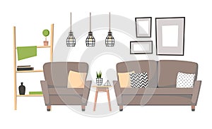 Flat vector illustration - Home interior design. Cozy living room with sofa, table, stairs and paintings. Stylish apartments in r