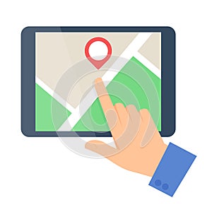 Flat vector illustration of a human hand, map, tablet computer