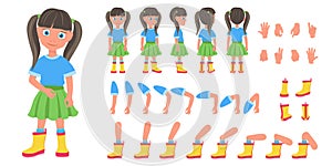 Flat Vector Illustration of Kid Girl Cartoon Character Set For Animation