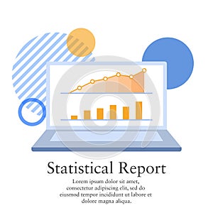 Flat vector illustration of a laptop displaying statistical data