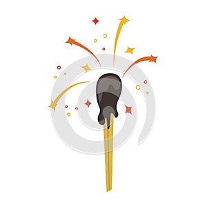 Flat vector illustration of a lighted match with sparks