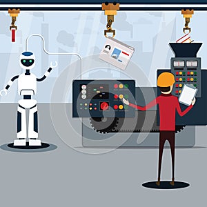 Flat vector illustration machine learning concept,Loading data to automation machine,Artificial intelligence technology, Robot