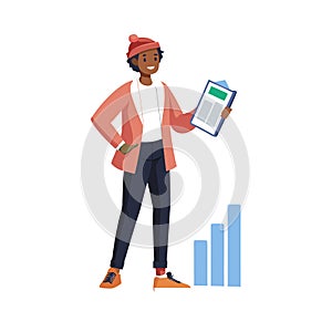 Flat Illustration of Man Analyzing Business Growth Chart with Clipboard