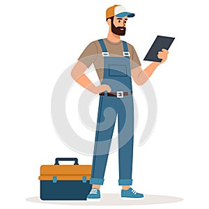 Flat vector illustration. Man plumber in uniform standing and holding tablet, next to toolbox, white background