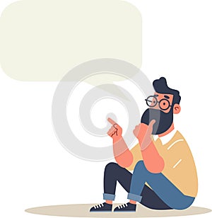 Flat vector illustration. A man is sitting in a pensive pose and says something. Speech bubble for your text