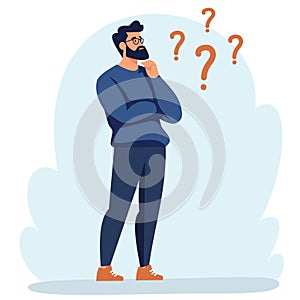 Flat vector illustration. Man standing in a pensive pose. The concept of searching for the solution of the problem